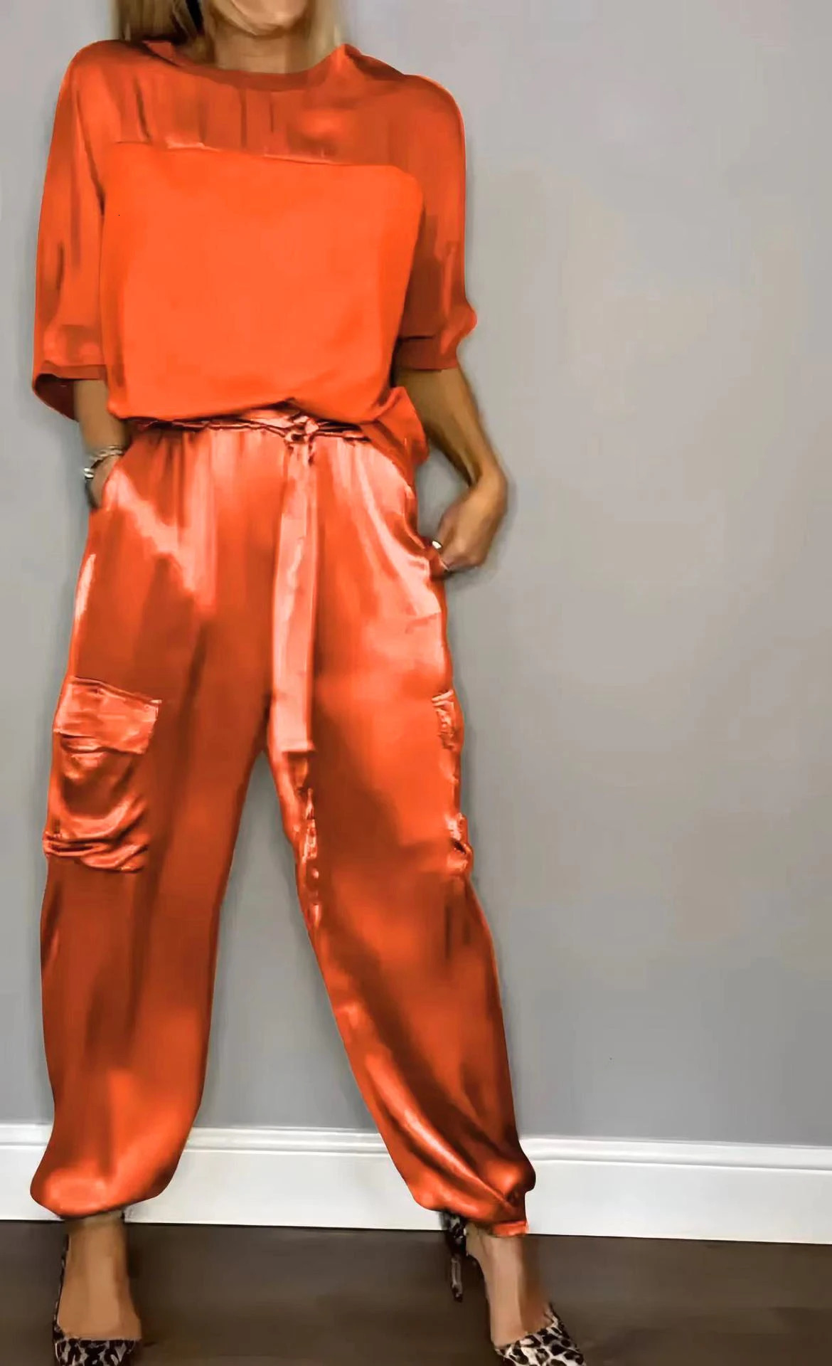 European and American Cross-border Fashion Womens Smooth Satin Half Sleeved Upper Garment Set Two-piece Casual Set 250320