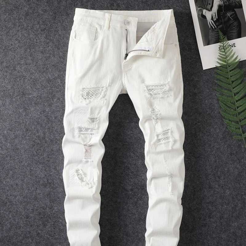 New mens casual torn denim jeans adhesive fabric hot stamping elastic small straight leg pants holes destroy AmericaT250319