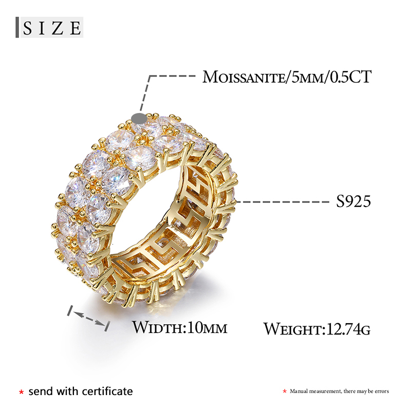 Top Quality 2 Rows 5mm 0.5ct Moissanite Rings Men Hip Hop Jewelry 100% Sterling Silver 925 Bling Gold Plated 18K Ring Gift