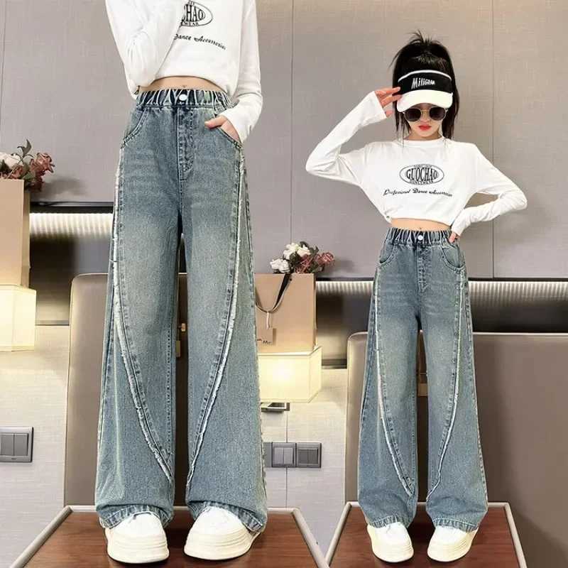 Childrens Spring Foreign Style Thick Edge Splicing Wide Leg Pants Little Girls Pants Girls Jeans Spring 2024 NewT2502320