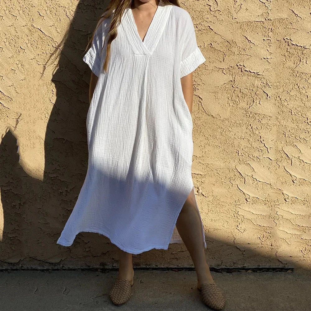 Beach Cover-ups for Women Solid Color Sexy V-neck Short Sleeve Loose Long Robe Dress Sun Protection Beachwear PZMZ09 250319