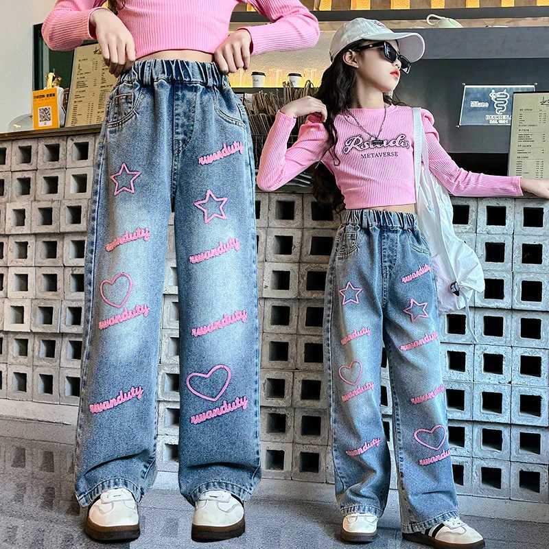 Girls Korean casual jeans childrens embroidered celebrity loose wide leg pants childrens pantsT250326