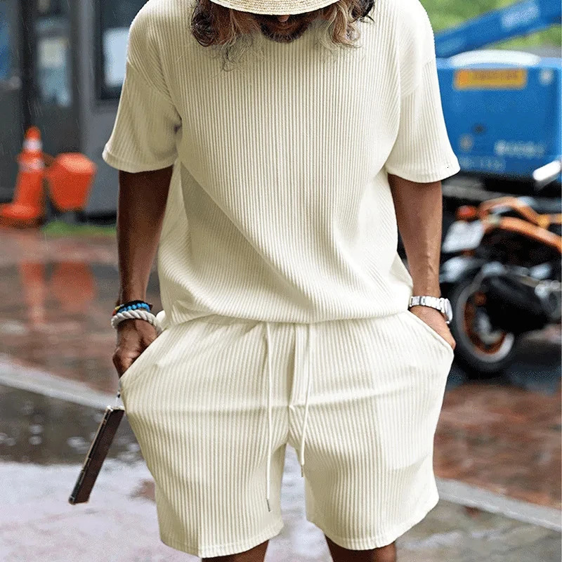 Mens Summer Sports and Leisure Solid Color Stripe Set Loose Crew Neck Short Sleeve Drawstring Shorts Two Piece 250317