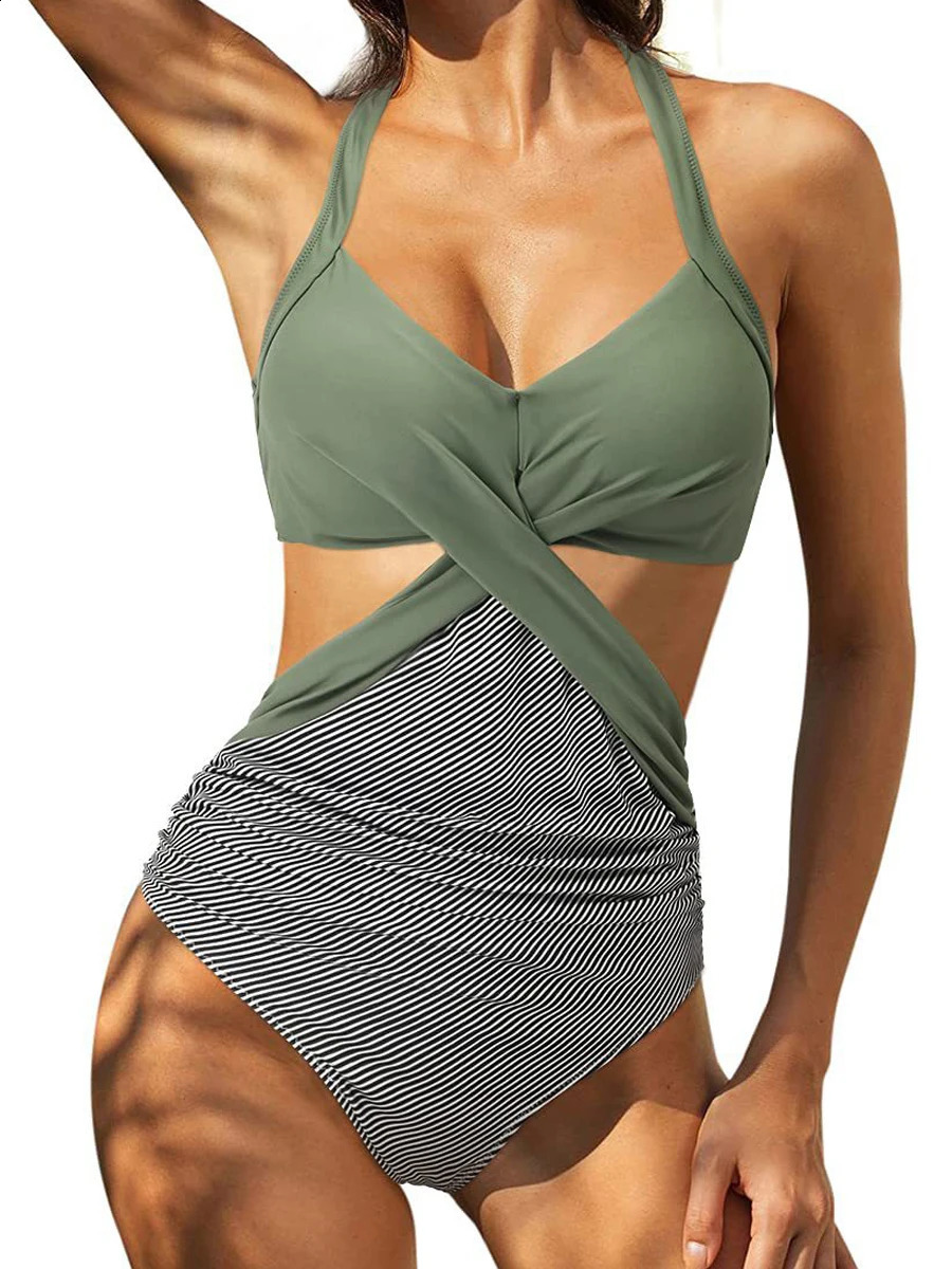 2025 Solid Printed Swimwear Women Halter Swimsuit Female Swimming Monokini Suit Padded Beachwear Bodysuit Summer 250312