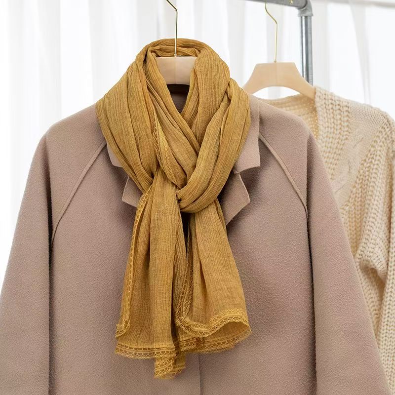 T322 Korean version of all-match solid color lace spring and autumn cotton and linen feel scarf literary women's winter shawl Korean silk scarf