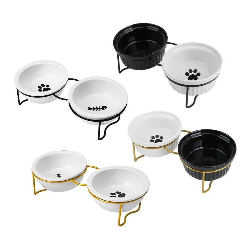 Ceramic bowl, high foot neck protection, double fi bracket, anti knock pet cat and dog food bowl