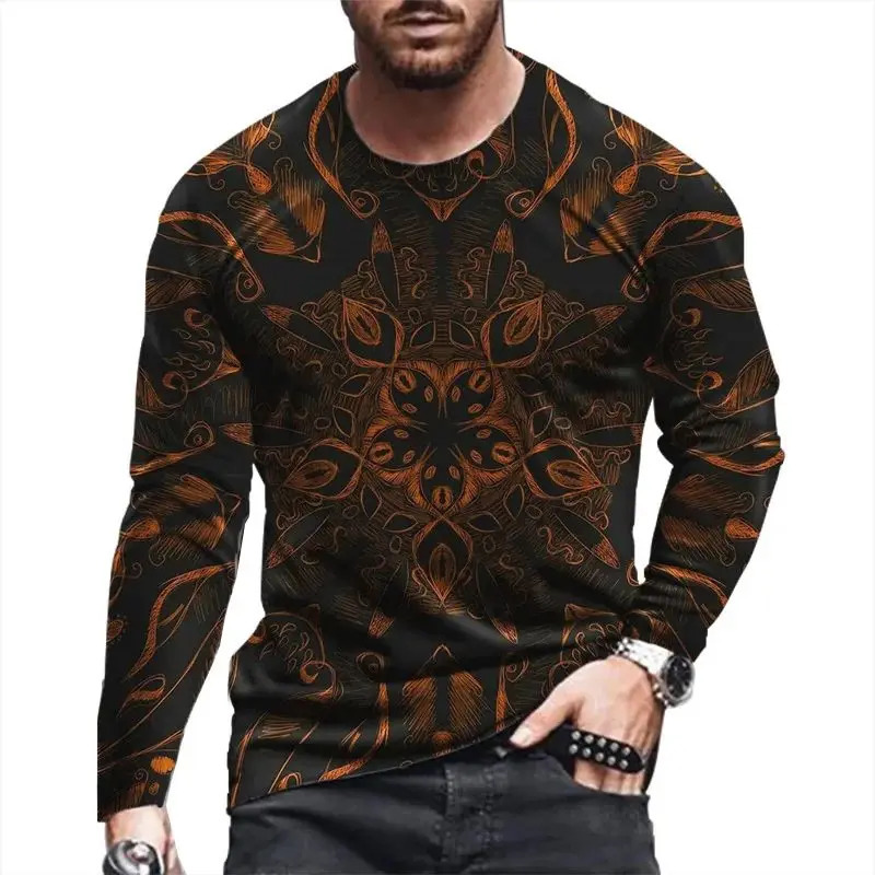 SpringSummer Mens Casual Trend Sunflower Pattern Tshirt Loose Street Personalized Oneck Long Sleeve Clothing 6XL 250318