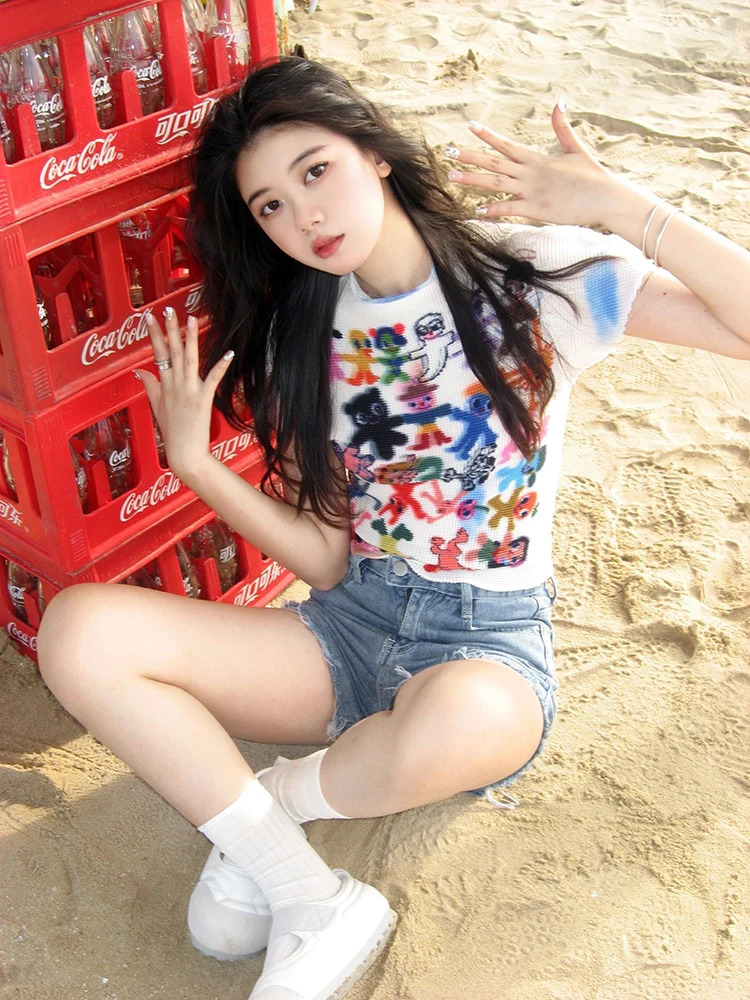 Womens T shirt Harajuku Korean Y2k Graphic Print Short Sleeve Tee Top Clothes Fashion Vintage Streetwear O-Neck T-shirts Summer 250320