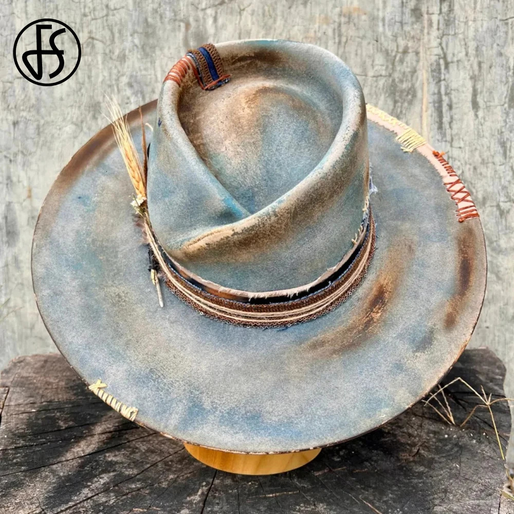 FS Vintage Wine Red Cowboy Hats For Men Women With Ribbon Feather Decoration Jazz Panama Hat Gentleman Wool Felt Fedoras 250320