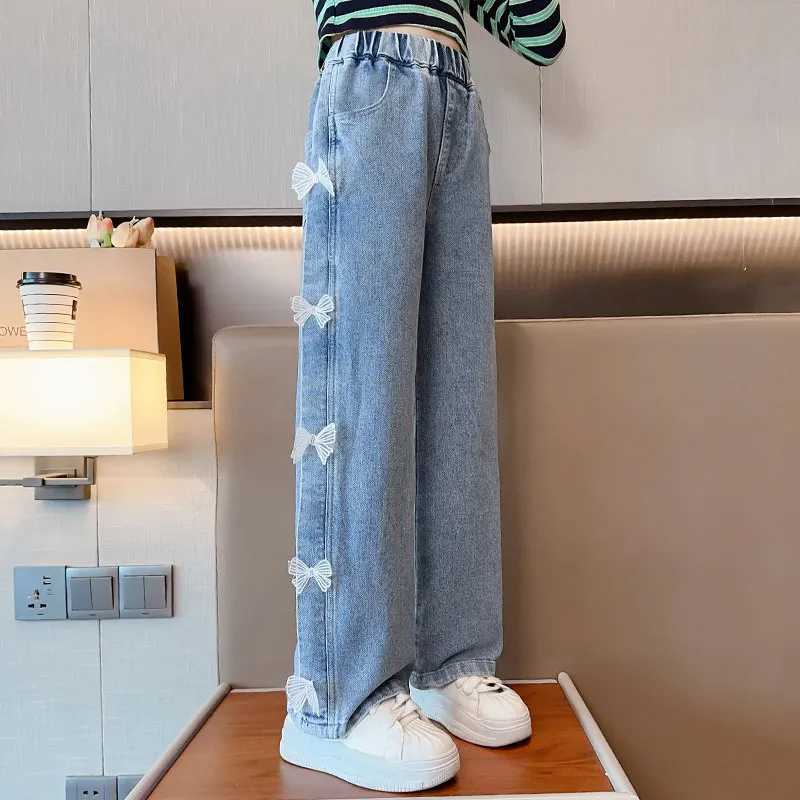 Girls jeans teenagers fashionable clothing solid loose fitting childrens wide leg pants butterfly childrens Trouser girls clothing 14YT2502320