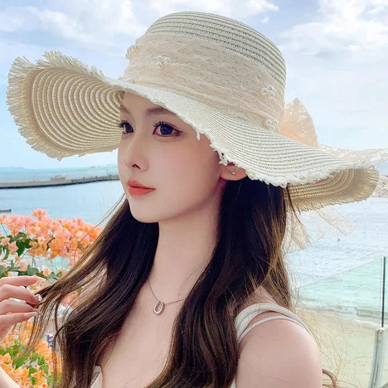 Beach Straw Hat For Women Summer Korean Style Large Brim Sun Protection Cap With Lace Pearl Versatile Fashion Vacation Beach Hat 250320