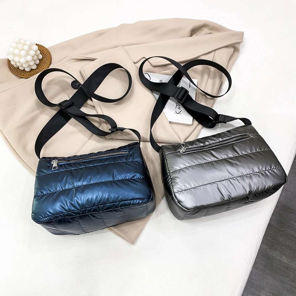 Fashion Nylon Padded Quilted Bag For Women Winter Space Cotton Shoulder Bag Soft Fluffy Black Crossbody Handbag Female Shopper