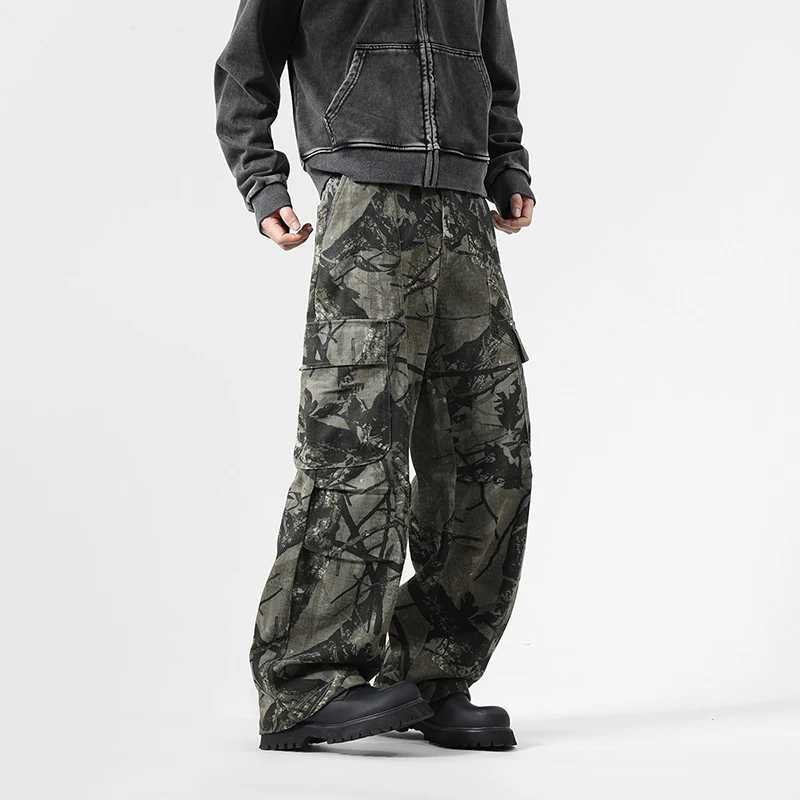 Vintage Leaf Pattern Camouflage Cargo Pants High Street Tide Design Tie-Dye Trousers Side Large Pockets Baggy Casual PantsT250319