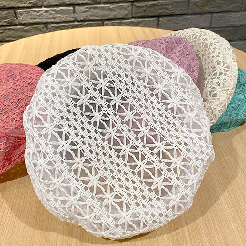 Multi Colored Summer Crochet Beret for Women Slouchy Breathable Lace Beret Hat Cutout Floral Beanie Cap Head Covering Cotton Hat 250320