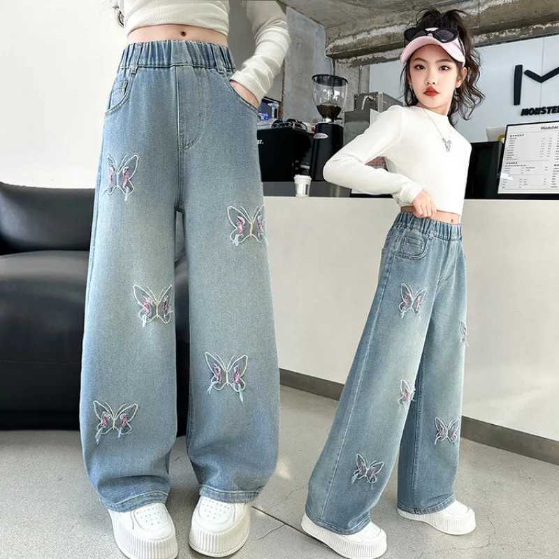 Korean girls wide leg jeans and beautiful butterfly childrens high waisted loose jeans teenagers casual jeans childrens trousersT2502320