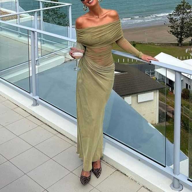 Spring Women's Clothing Style Sexy One Shoulder Mesh Perspective Long Dress for Women 250315