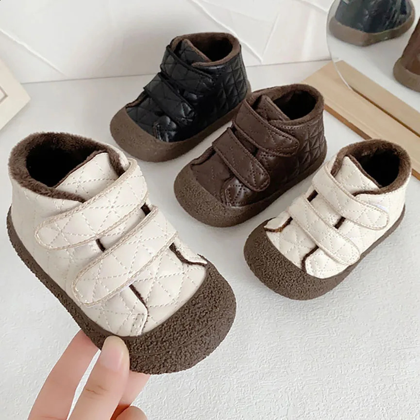 Winter Cotton Toddler Shoes For Baby PU Leather Thick Warm Plush First Step Footwear Lightweight Anti-slippery Infant Shoes 250319