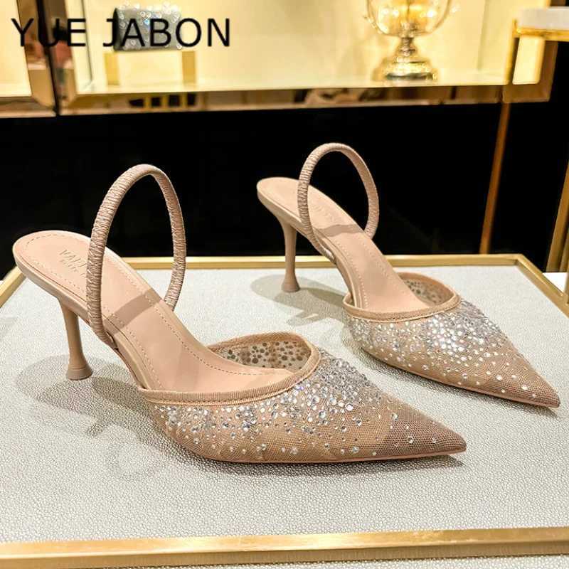 Nude Summer Womens Sandals Rhinestone Bright Mesh High Heels Footwear Elegant Slingback Pointed Slip on Party Lady Pumps ShoesC250319