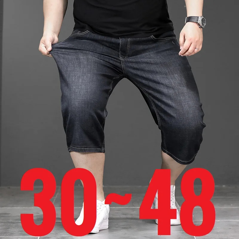 Big Size Long Length Mens Shorts Loose Stretch Jean Bermuda Male Thin 34 s Summer Light Large Plus Fat Denim Breeches 250319