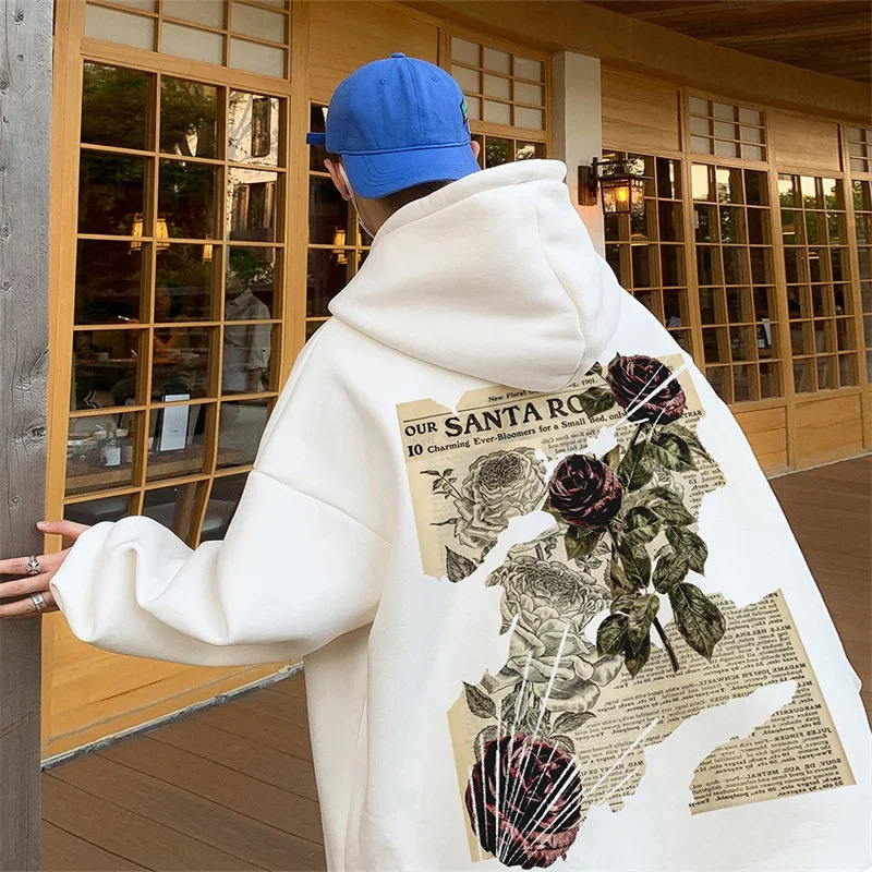 Autumn Goth Rose Graphic Print Mens Hoodie Hip Hop Fashion Y2K Street Clothing Casual Wool Loose Pull up Sweatshirt 250320Z