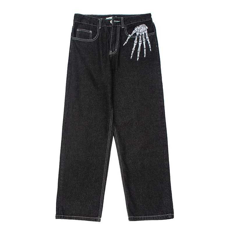 Vintage Skeleton Hand Bone Embroidery Wash Mens Jeans Vibe Style Straight Casual Large Denim Trousers Street ClothingT250319