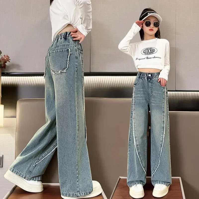 Childrens Spring Foreign Style Thick Edge Splicing Wide Leg Pants Little Girls Pants Girls Jeans Spring 2024 NewT2502320