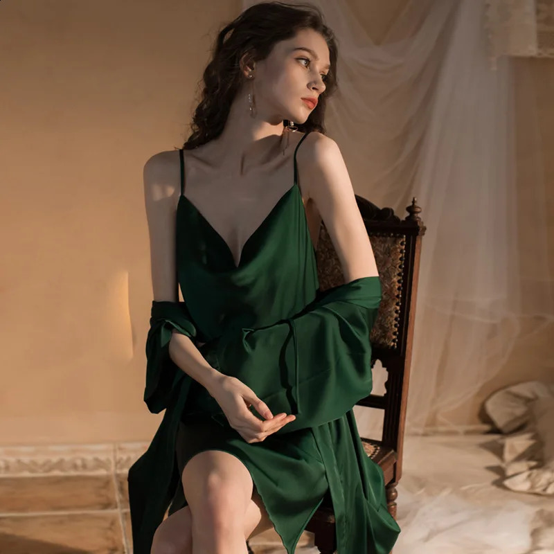 Fashion Sexy Nightgown Women Spring and Autumn Summer Ice Silk Lace Suspender Pajamas Female Satin Nightie Solid Nightdress 250319