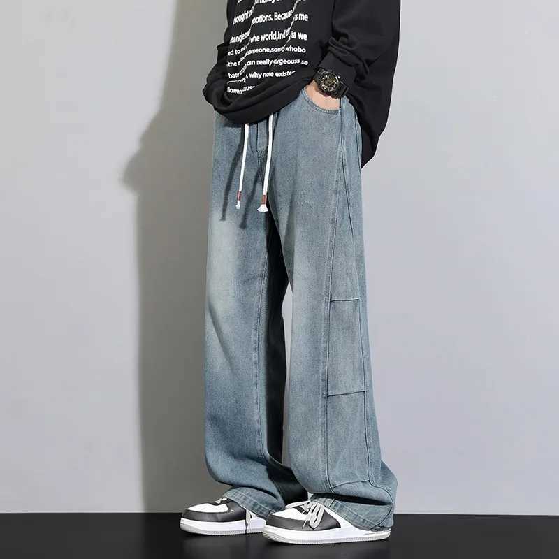 American mens wash denim jeans spring Jorts autumn and summer new loose straight skirt mens wide leg casual mens TrouserT250319