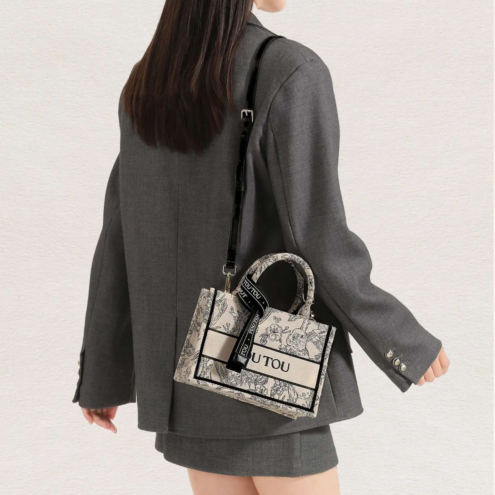 TOUTOU Women Handbag Adjustable Long Strap Vintage Rabbit Shopper Letter Scarf Tote Trendy Embroidered Shoulder Bag