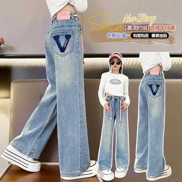 Big girl loose straight jeans school denim wide leg butterfly embroidery design Trouser childrens elastic waist pantsT250326