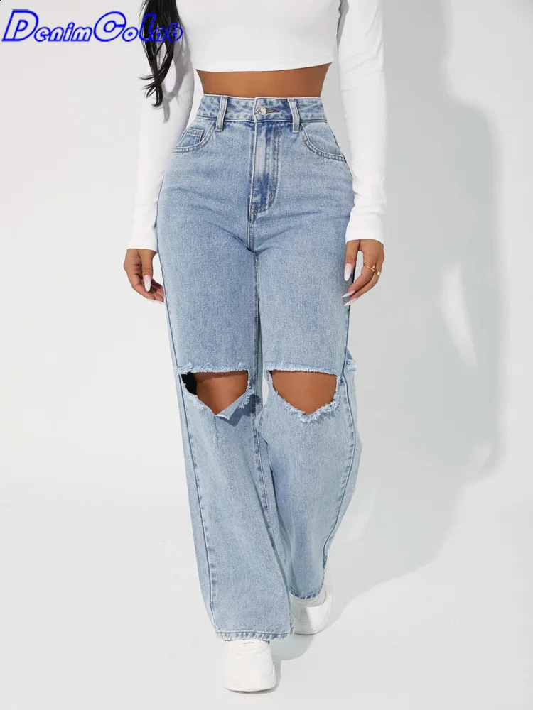 Denimcolab high waisted straight pants fashionable hole knee jeans womens loose boyfriend jeans womens streetwear 250314