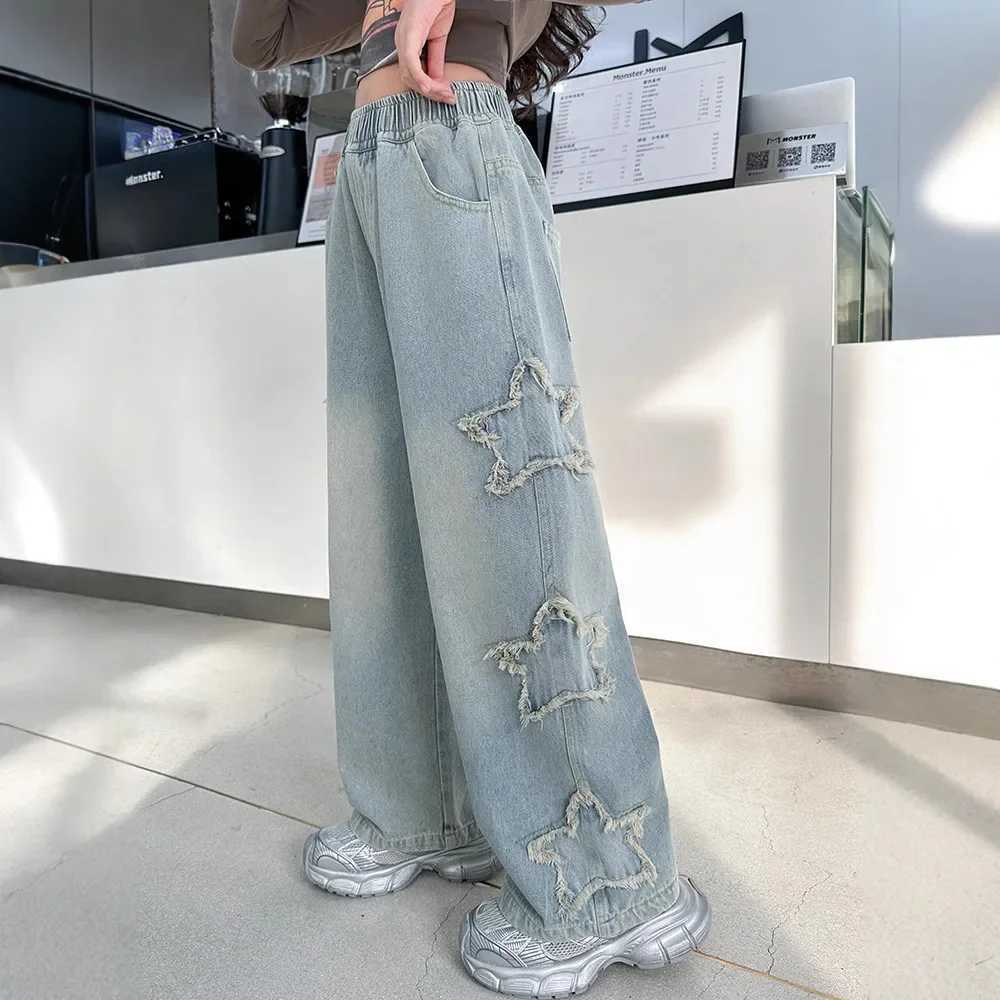 Teen School Children Trouser Spring 2025 Celebrity Design Casual Loose Jeans Girls Elastic Waist Fashion Childrens Straight PantsT250326