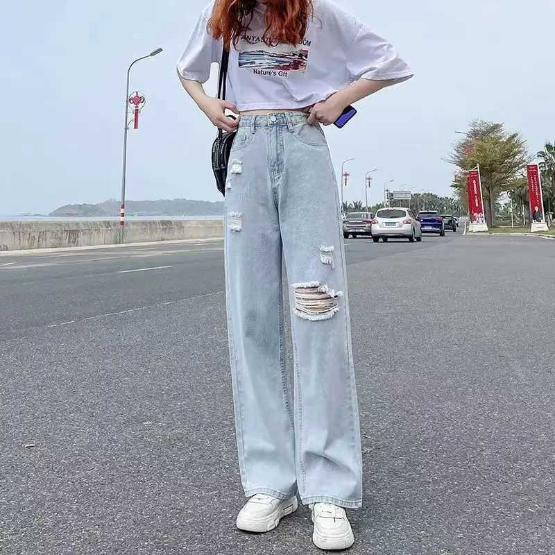 Perforated high waisted jeans for womens spring and summer thin straight tube loose 2022 new casual thin wide leg pantsT250326