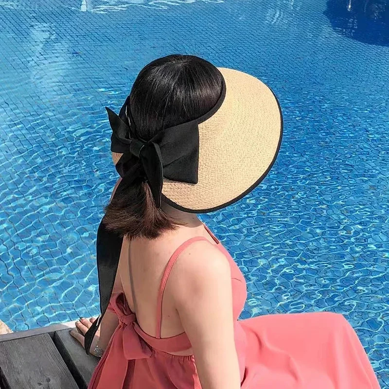 Korean Style Large Edge Empty Top Wine Rafia Straw Hat Womens Bow Summer Outdoor Anti-UV Sports Beach Sun Hat Wholesale 250320