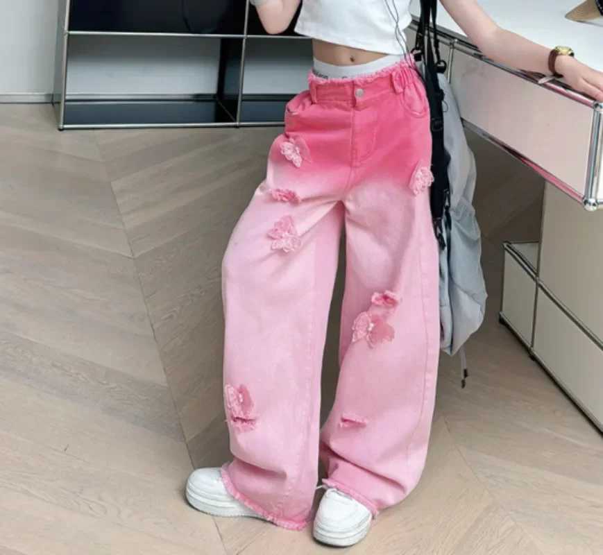 Teen Girls 3D Butterfly Gradient Hole Wide Legs Jeans Children Floor Pants Fashion Elastic Waist Comfort Kids PantsT250326