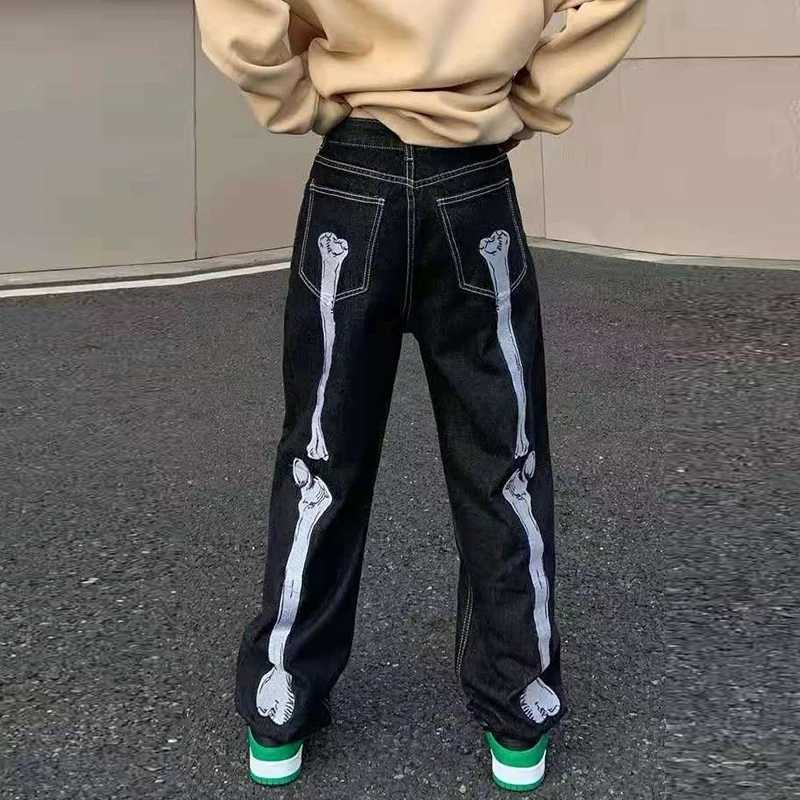 Vintage Skeleton Hand Bone Embroidery Wash Mens Jeans Vibe Style Straight Casual Large Denim Trousers Street ClothingT250319
