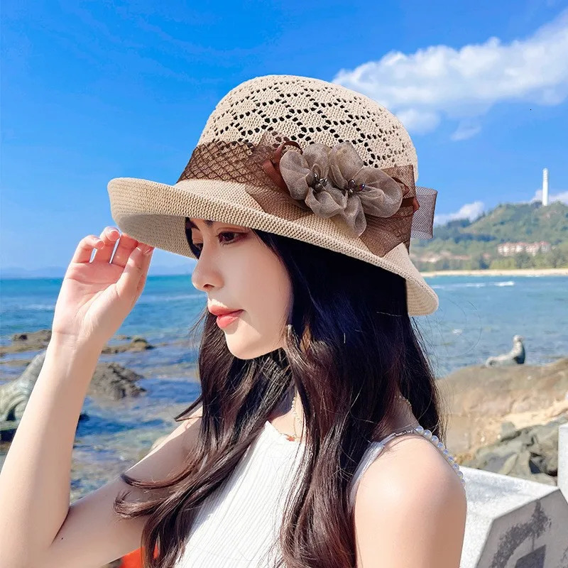 Summer Solid Floppy Straw Hats For Women Elegant Flowers Accessories Panama Hat Ladies Knitted Bucket Cap Beach Sun Cap 250320