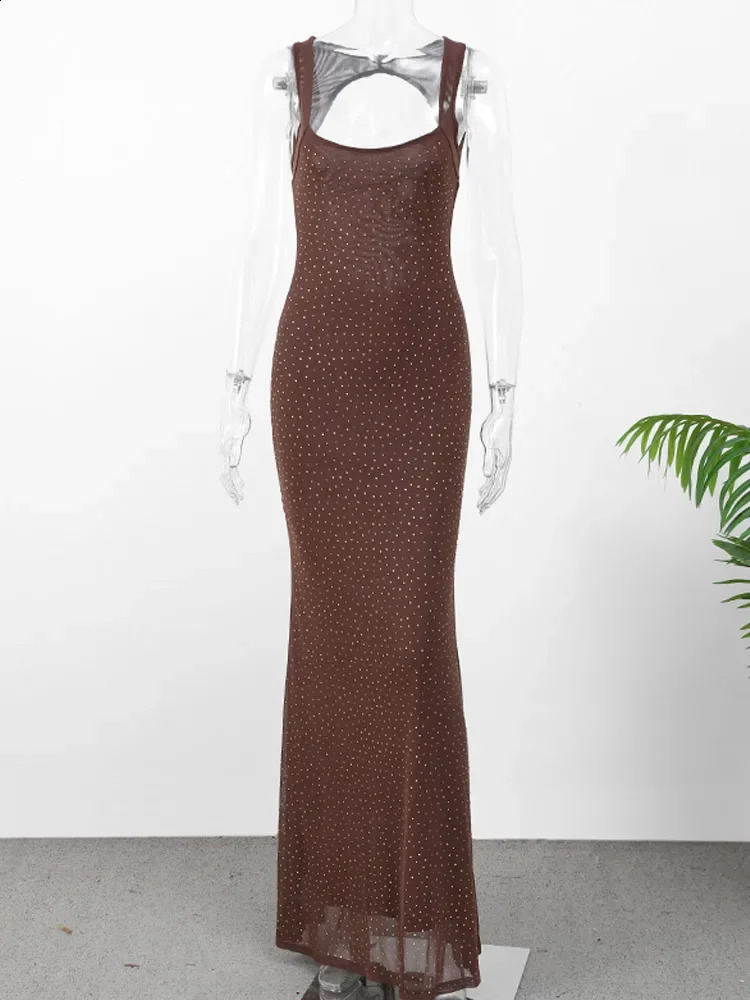 Elegant Bead Mesh Patchwork Long Dress For Women Backless Oneck Sleeveless Slim Robes Shiny Party Club Sexy Dresses 250317