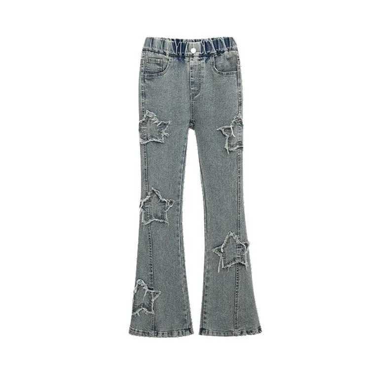 Spring and Autumn Teen Girls Jeans Children 5-14Y Star Design Flash Pants Childrens Retro High Waist Splicing Horseshoe TrouserT250326