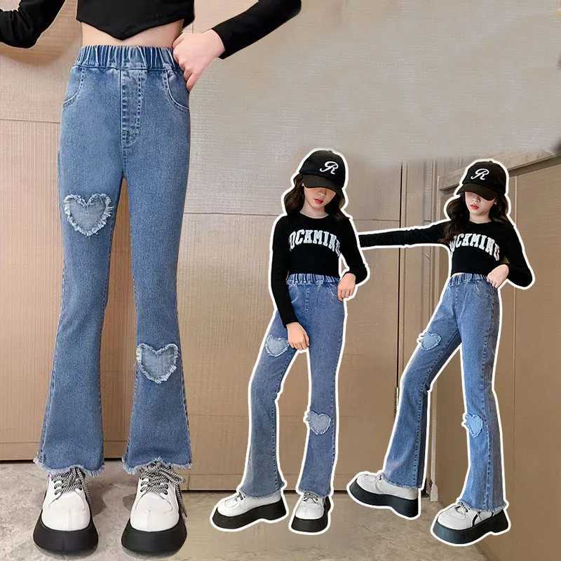New fashion teenage girl jeans pants beads lace denim girl Trousers childrens stretch waist solid pants casual bell bottomsT250326