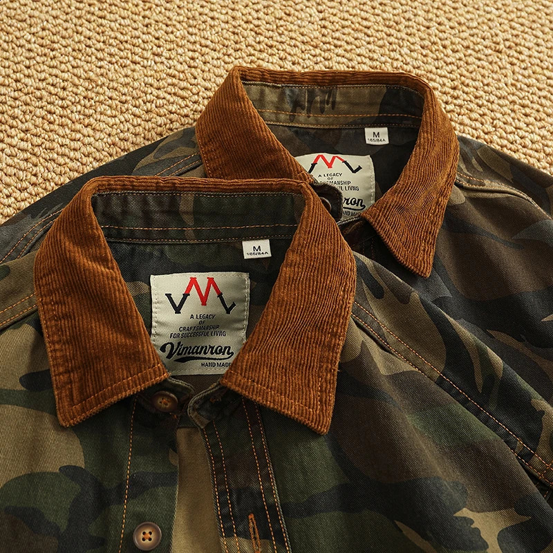 Spring American Retro Woven Twill Camouflage Cargo Shirt Mens 100% Cotton Washed Old Double Pocket Blouser Thin Jacket 250317