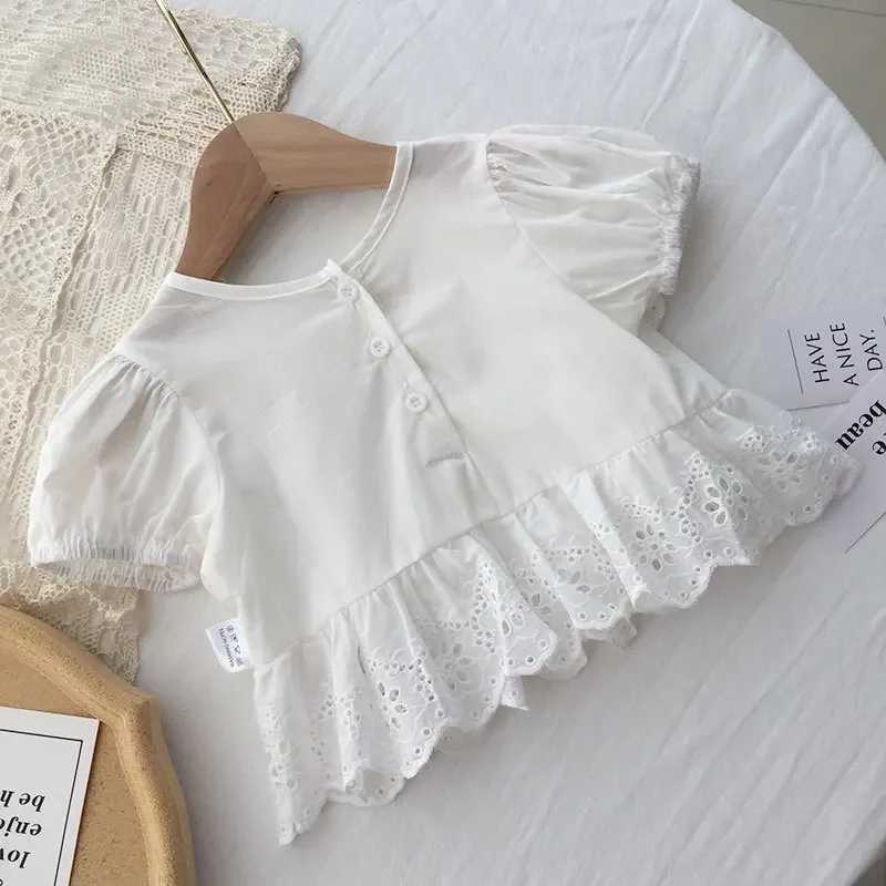Girls shirt summer short sleeved cotton Korean hollowed out lace baby dress doll shirt childrens top whiteT250320