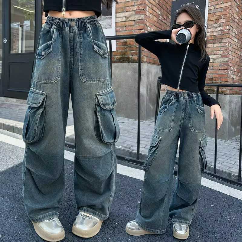 2025 Hot Sale Wide Leg Trousers Teenage Girls Jeans with Big Pocket Four Seasons High Waist Fashion Blue Cargo Denim PantsT250326