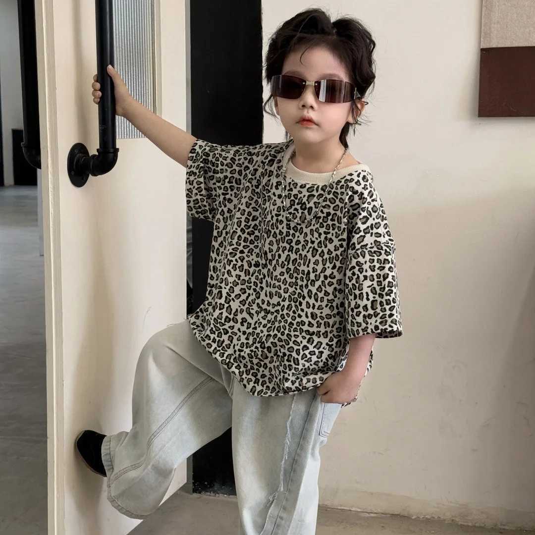 Childrens clothing childrens casual T-shirt 2025 summer short sleeved fashionable leopard print half sleeved cool top suitable for boys and girlsT2503