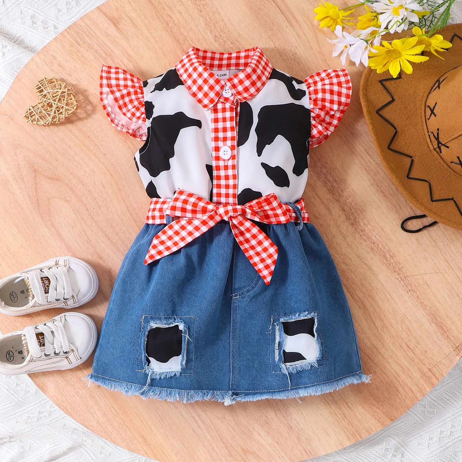 2PCS summer girl sweet personality plaid matching denim black and white shirtdenim skirt 250319
