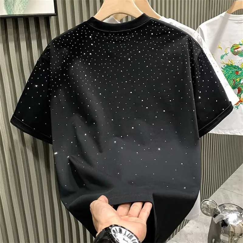 Summer mens high-quality 100% pure cotton short sleeved T-shirt O-neck fashionable rhinestone white T-shirt mens top T-shirt Camisetas HombreT250319