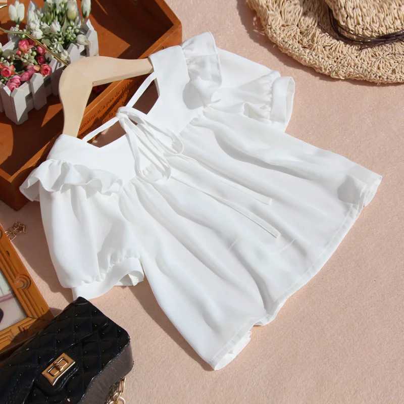 New Summer Puff Sleeve Blouse for Toddler Girls Korean Chiffon Short Sleeve Tops Children Pure Color Doll Shirt Clothes 10 12YrsT250320