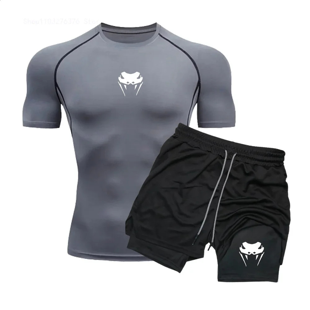 Mens Compression Clothing Sports Fitness Quick-drying Clothing Tight Short-sleeved Anime Double-layer Shorts Summer Suit S-3XL 250319