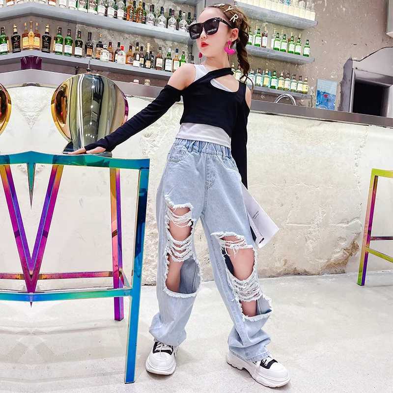 Kids Hole Jeans For Girls Spring Casual High Waist Wide Leg Pants Baby Girls Ripped Denim Trousers Children Clothing 5-14 YearsT250326