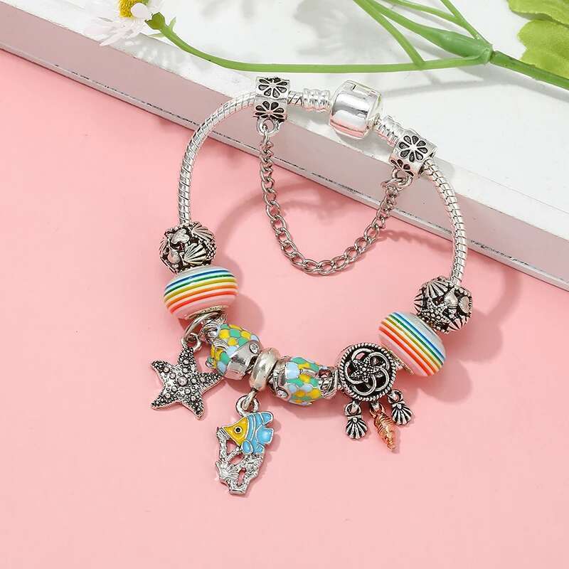 Summer Styles Starfish Fish Beads Charm Bracelets With Vintage Silver Color Bracelet Bangles For Women Men Jewelry Dropshipping